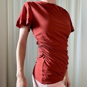 Ruched Red Orange Halogen Blouse with Ruffled Sleeves Small